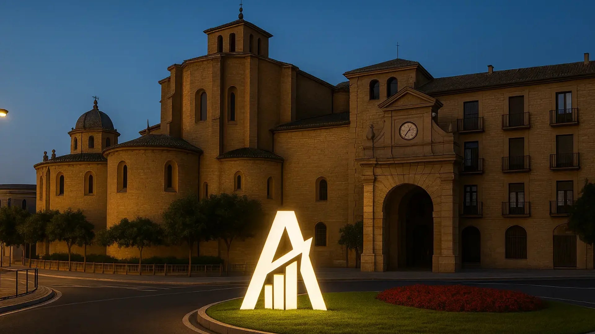 Banner de ArrelaViral, agencia de marketing digital en Solsona, con logo iluminado frente al Castellvell.