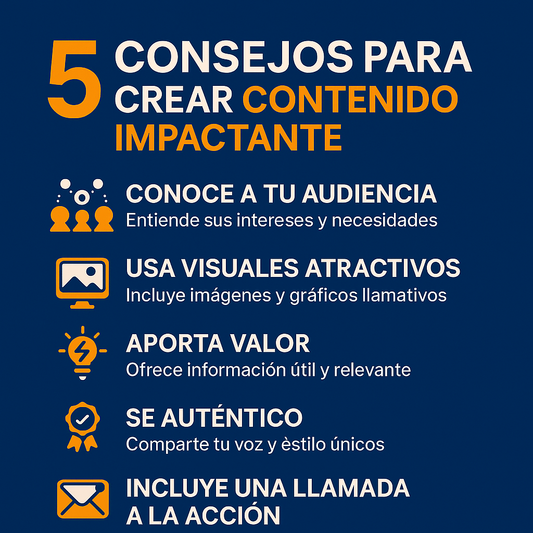 "Diseño gráfico cuadrado con fondo azul profundo y texto promocional que anuncia cinco estrategias de redes sociales para hacer crecer un negocio en 2025.