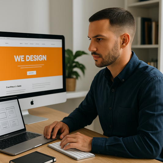 Imagen profesional de joven trabajando en diseño web con ordenador portátil en oficina moderna, representa servicio de diseño web personalizado de ArrelaViral.