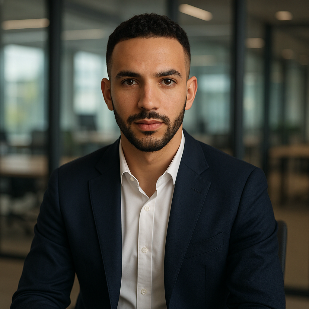 Retrato profesional de joven emprendedor, fundador de ArrelaViral, agencia de marketing digital, con fondo de oficina moderna y expresión confiada.