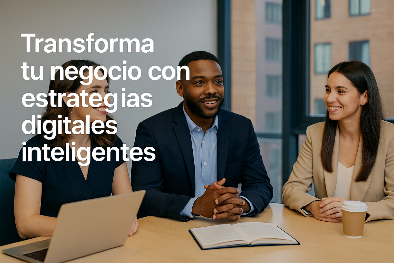 Imagen promocional para agencia de marketing digital, mostrando un equipo profesional trabajando con estrategias digitales inteligentes. Incluye el texto 'Transforma tu negocio con estrategias digitales inteligentes' y un botón de 'Solicitar' en colores llamativos.