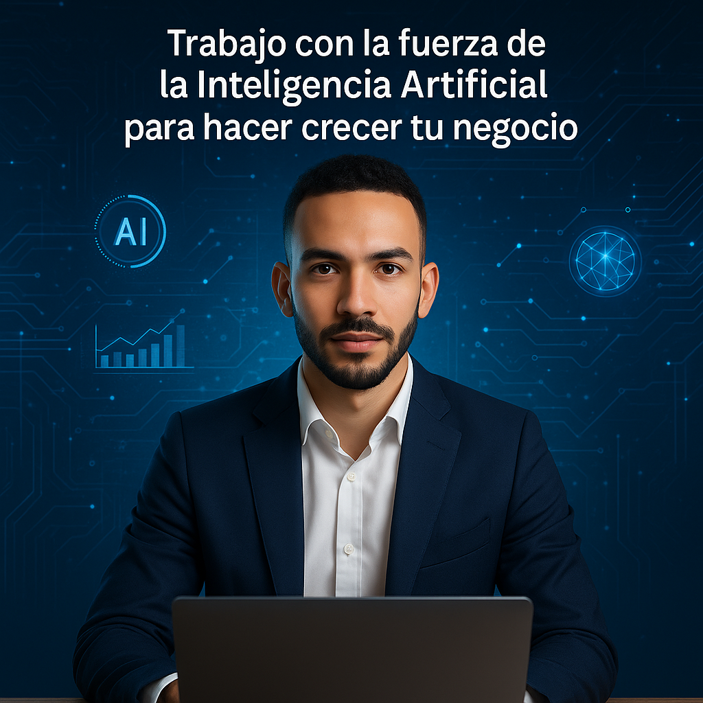 Joven profesional de marketing en traje formal frente a un fondo futurista con elementos de inteligencia artificial, gráficos y datos digitales, con el mensaje: "Trabajo con la fuerza de la Inteligencia Artificial para hacer crecer tu negocio
